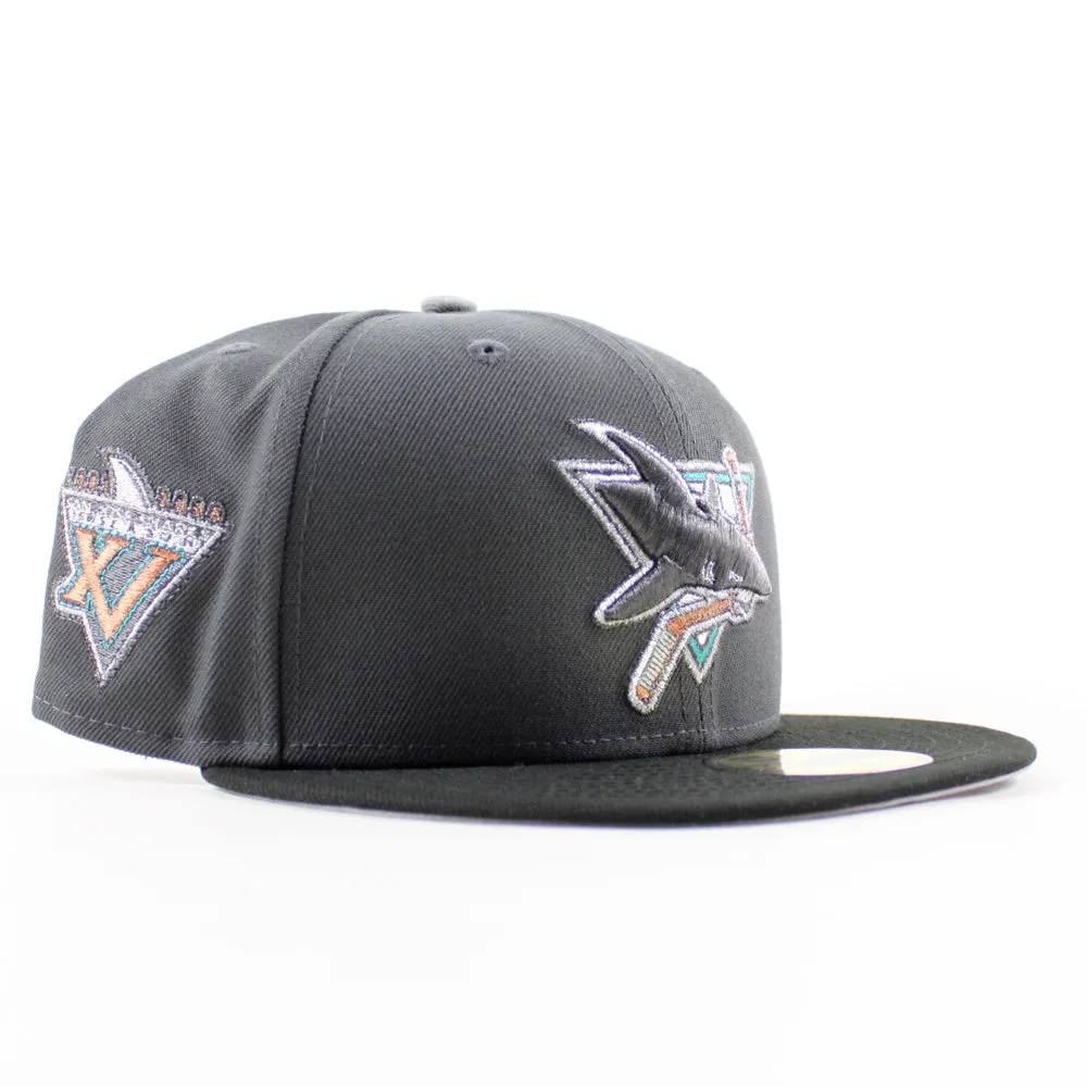 Retro San Jose Sharks 15th Season New Era 59Fifty Fitted Hat (Dark Gray Black Gray Under Brim)