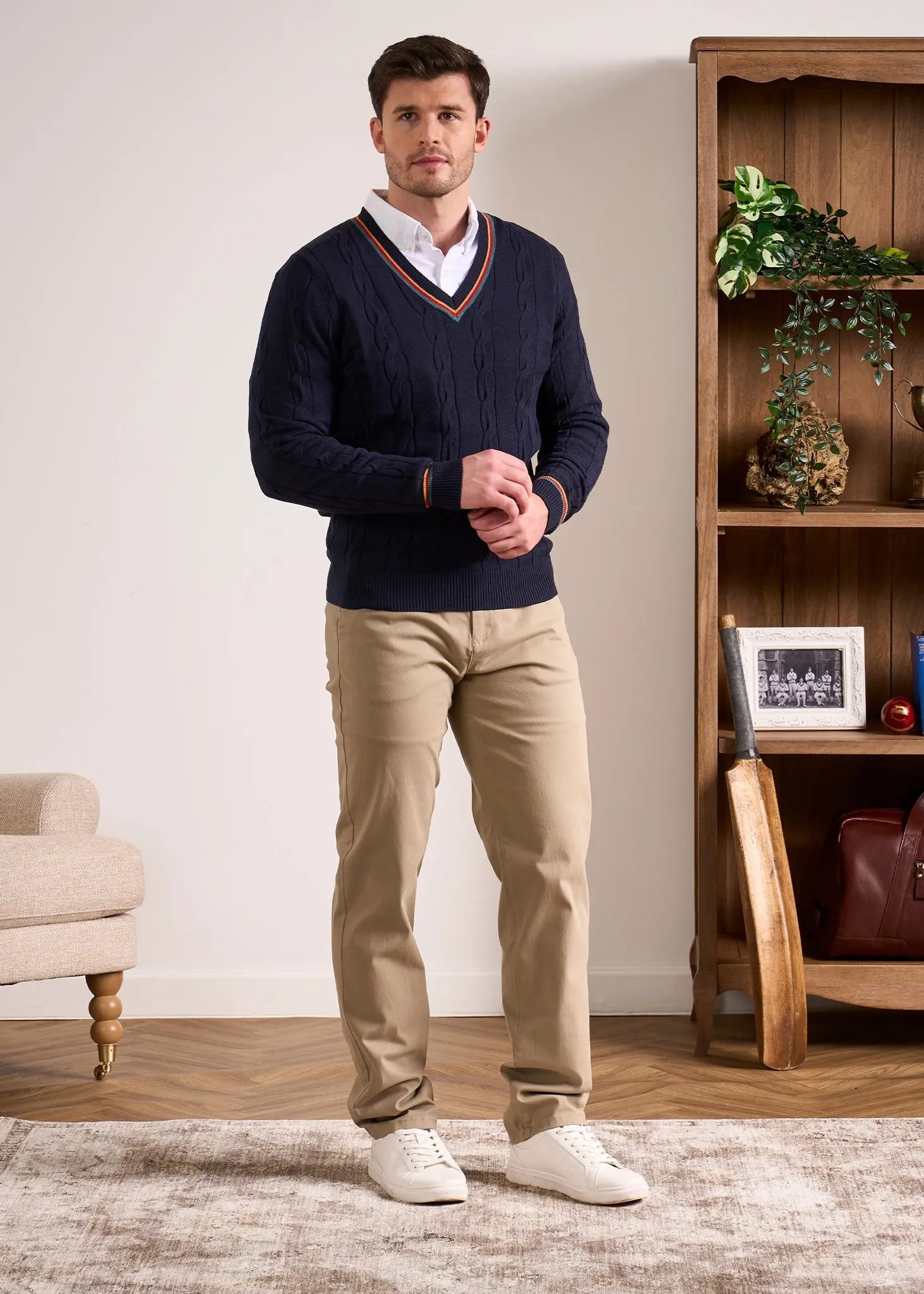 Sandford Cotton Cashmere Cable Knit Vee Neck Jumper In Dark Navy