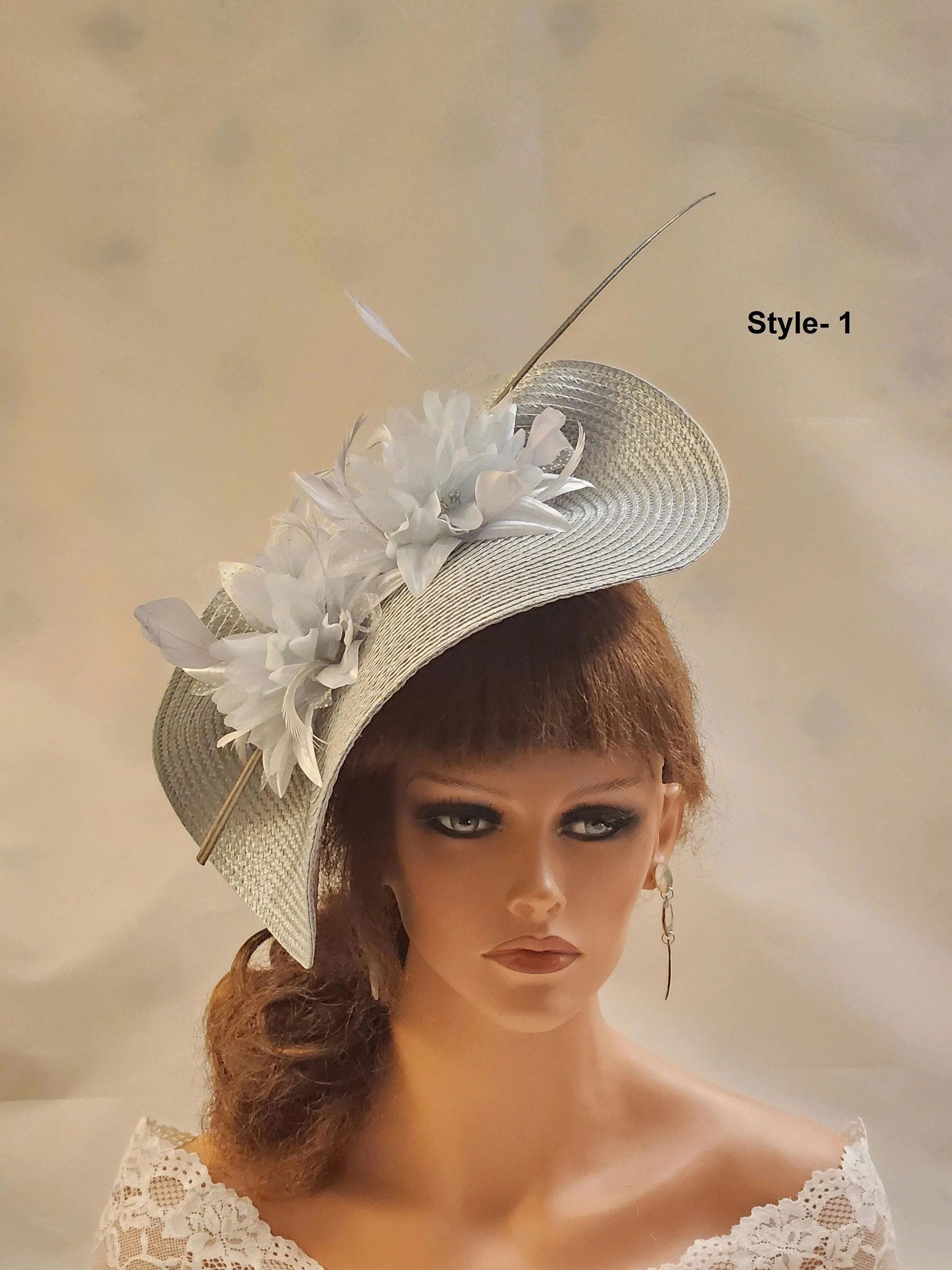 SILVER GREY HAT Fascinator, Large hatinator with long Quil Floral hat. Church, Derb-, Ascot,Wedding, TeaParty hat. Mother of Bride/Groom Hatinator