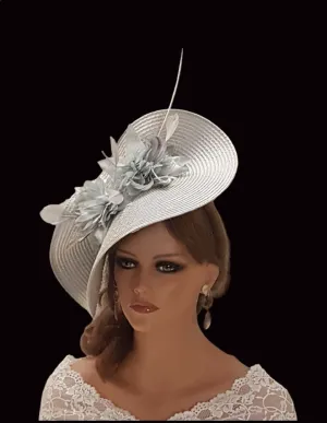 SILVER GREY HAT Fascinator, Large hatinator with long Quil Floral hat. Church, Derb-, Ascot,Wedding, TeaParty hat. Mother of Bride/Groom Hatinator