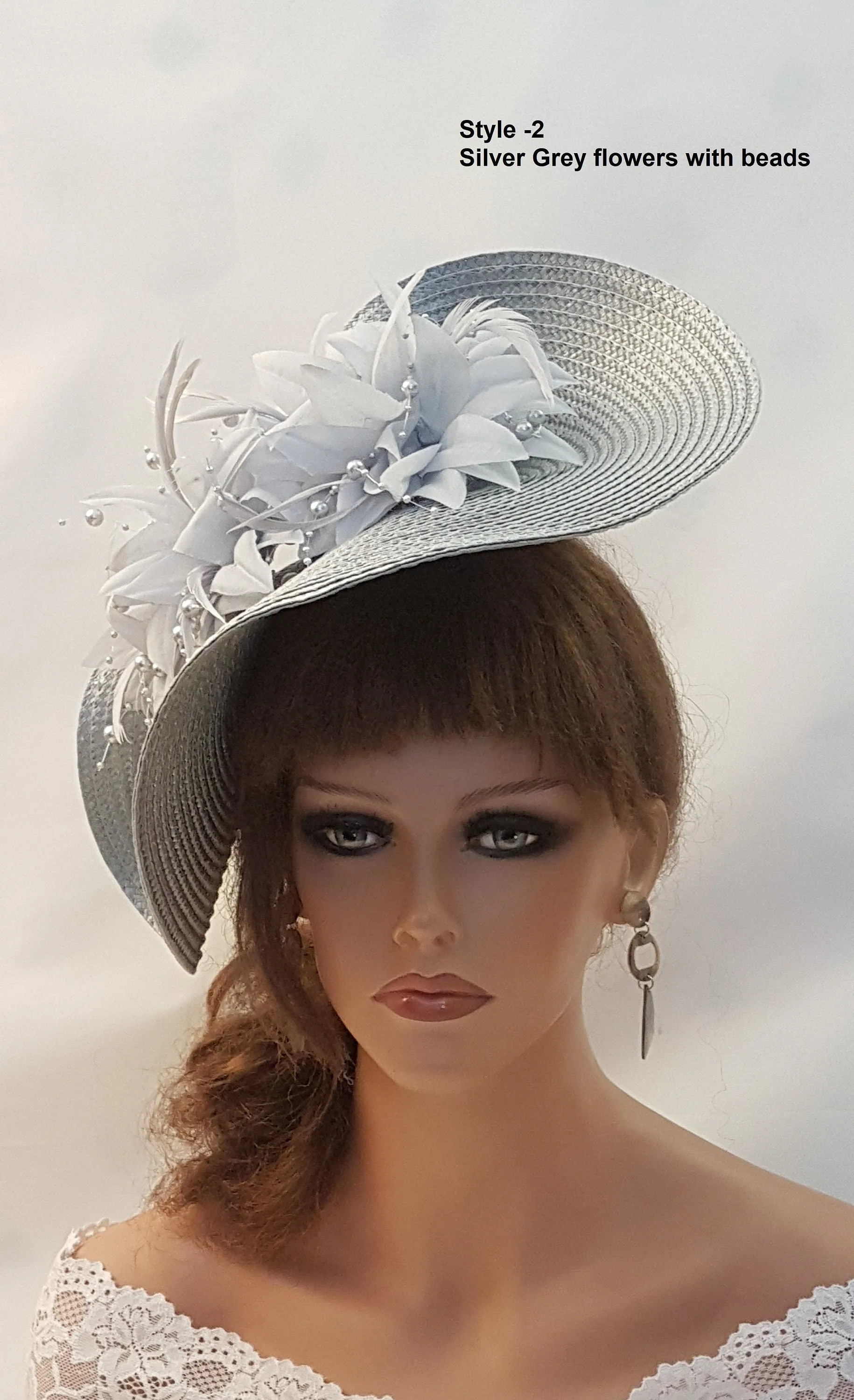 SILVER GREY HAT Fascinator, Large hatinator with long Quil Floral hat. Church, Derb-, Ascot,Wedding, TeaParty hat. Mother of Bride/Groom Hatinator