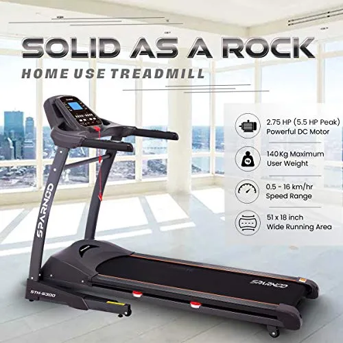 SPARNOD FITNESS STH-5300 (5.5 HP Peak) Automatic Treadmill Free Installation Service - Foldable Motorized Walking & Running Machine for Home Use - Sturdy Equipment with Auto Incline, Black