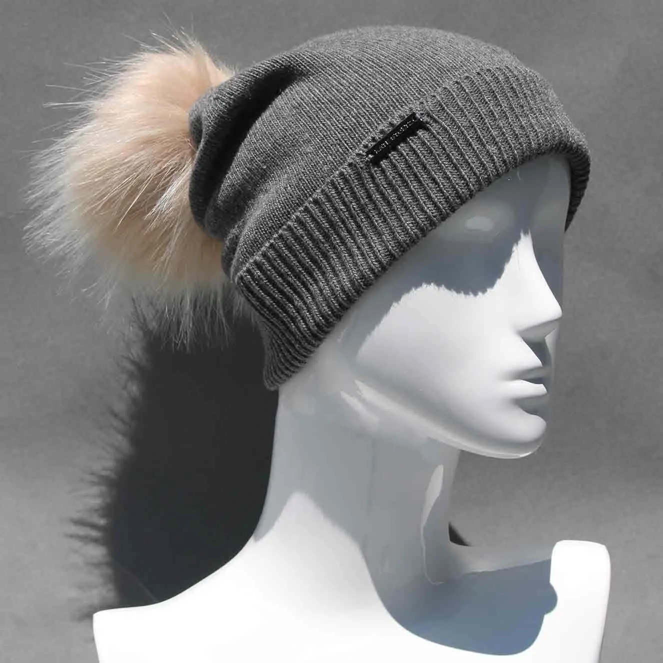 Ultimate Gray Knit Hat with Custom Color Faux Fur Pom Pom