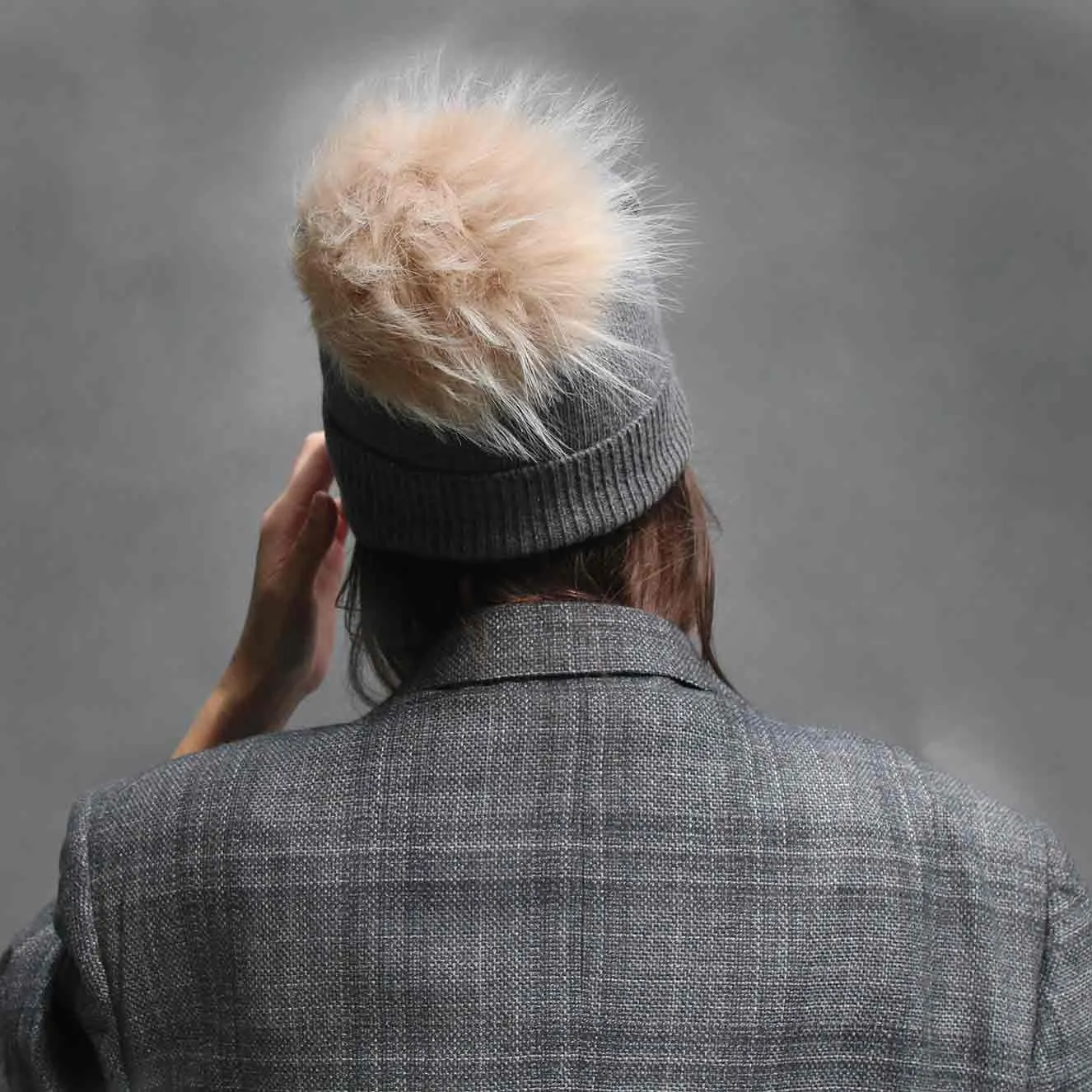 Ultimate Gray Knit Hat with Custom Color Faux Fur Pom Pom