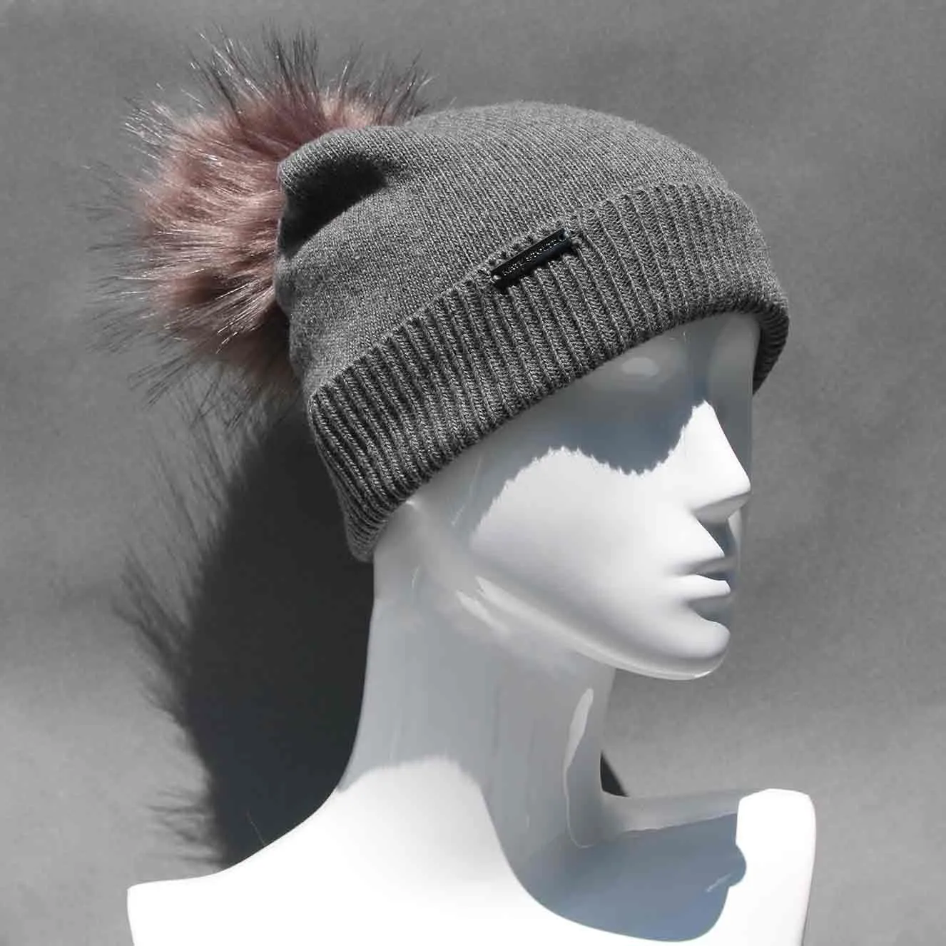 Ultimate Gray Knit Hat with Custom Color Faux Fur Pom Pom