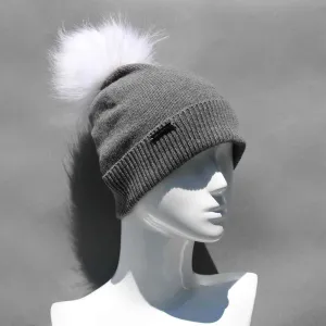 Ultimate Gray Knit Hat with Custom Color Faux Fur Pom Pom