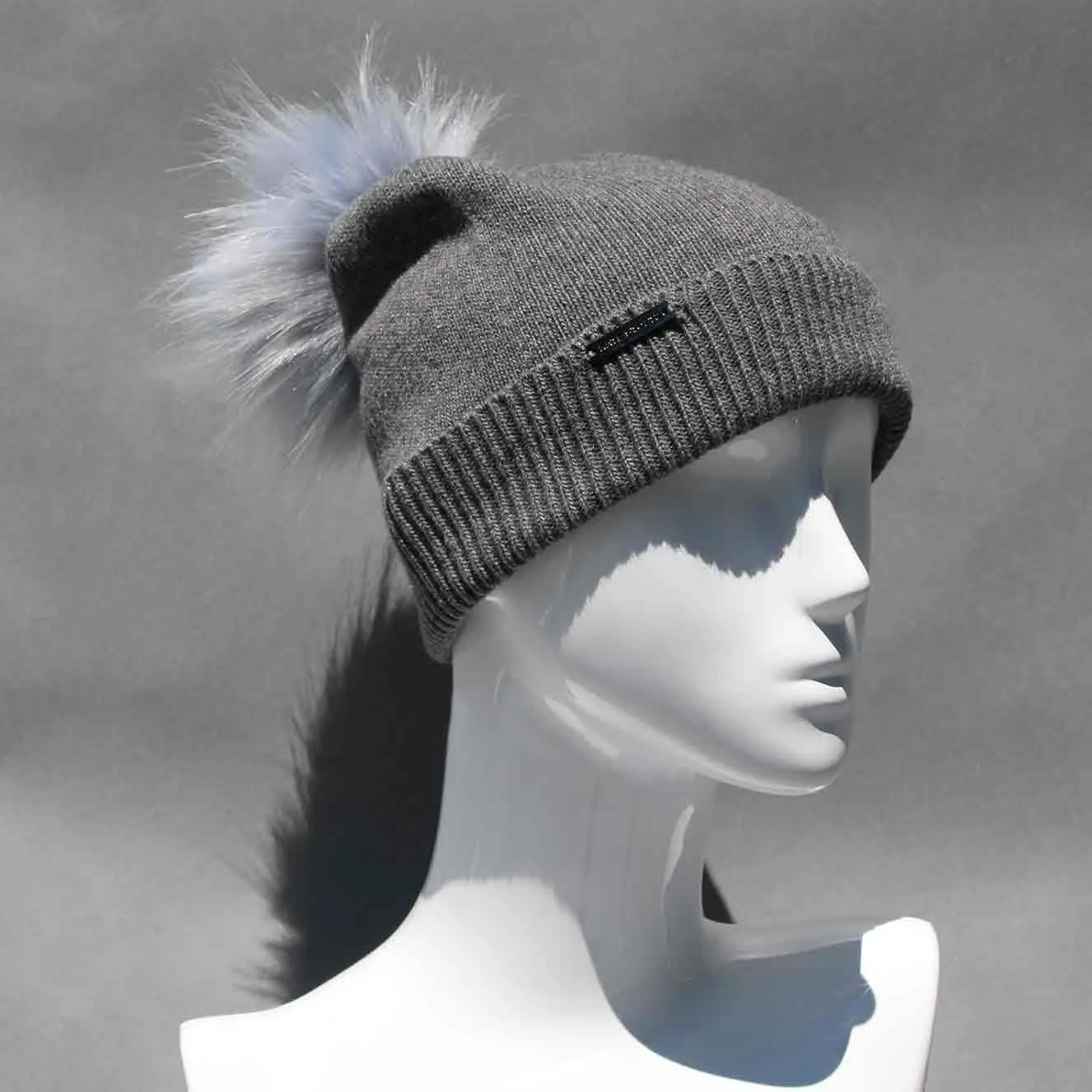 Ultimate Gray Knit Hat with Custom Color Faux Fur Pom Pom