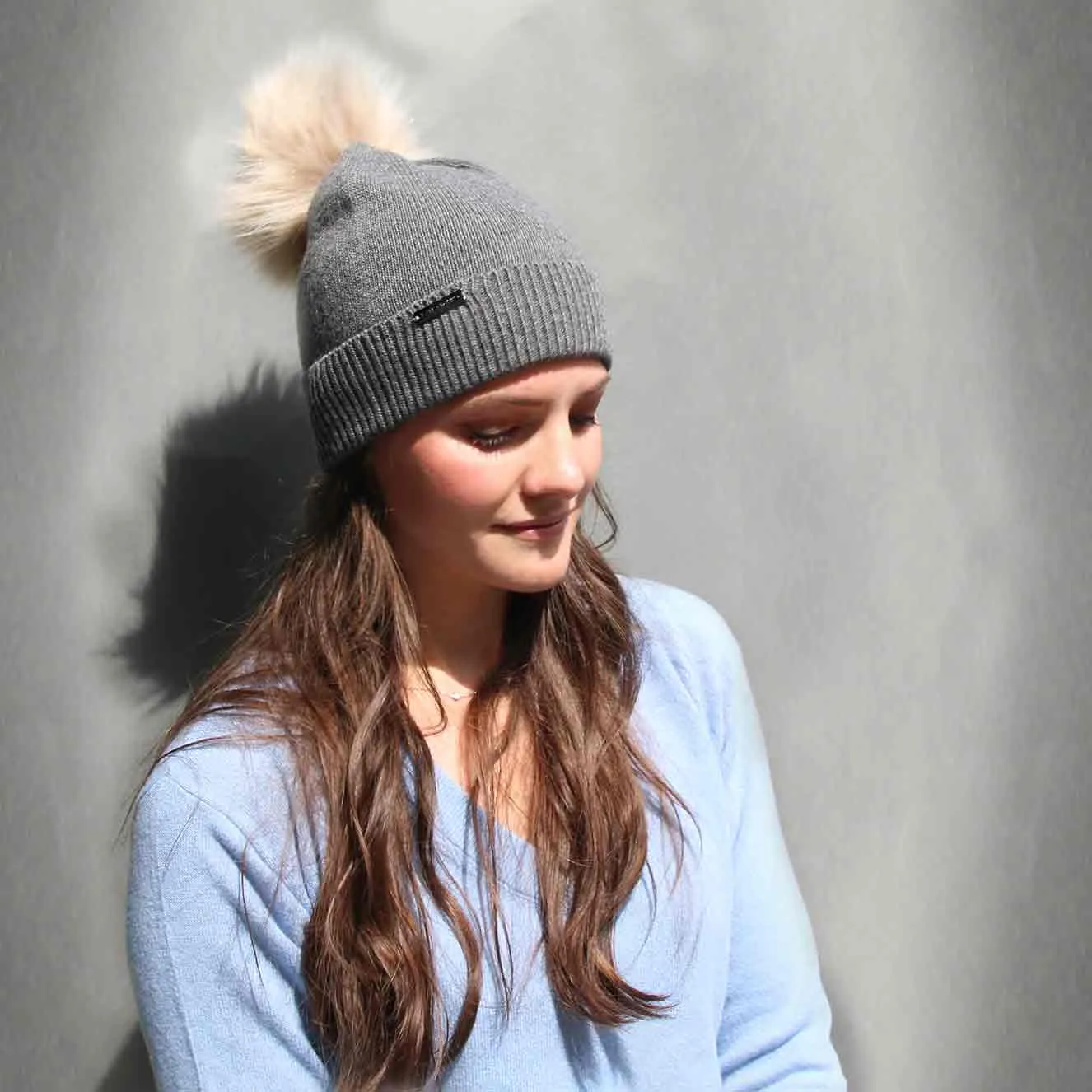 Ultimate Gray Knit Hat with Custom Color Faux Fur Pom Pom