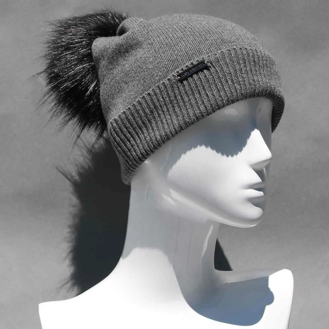 Ultimate Gray Knit Hat with Custom Color Faux Fur Pom Pom