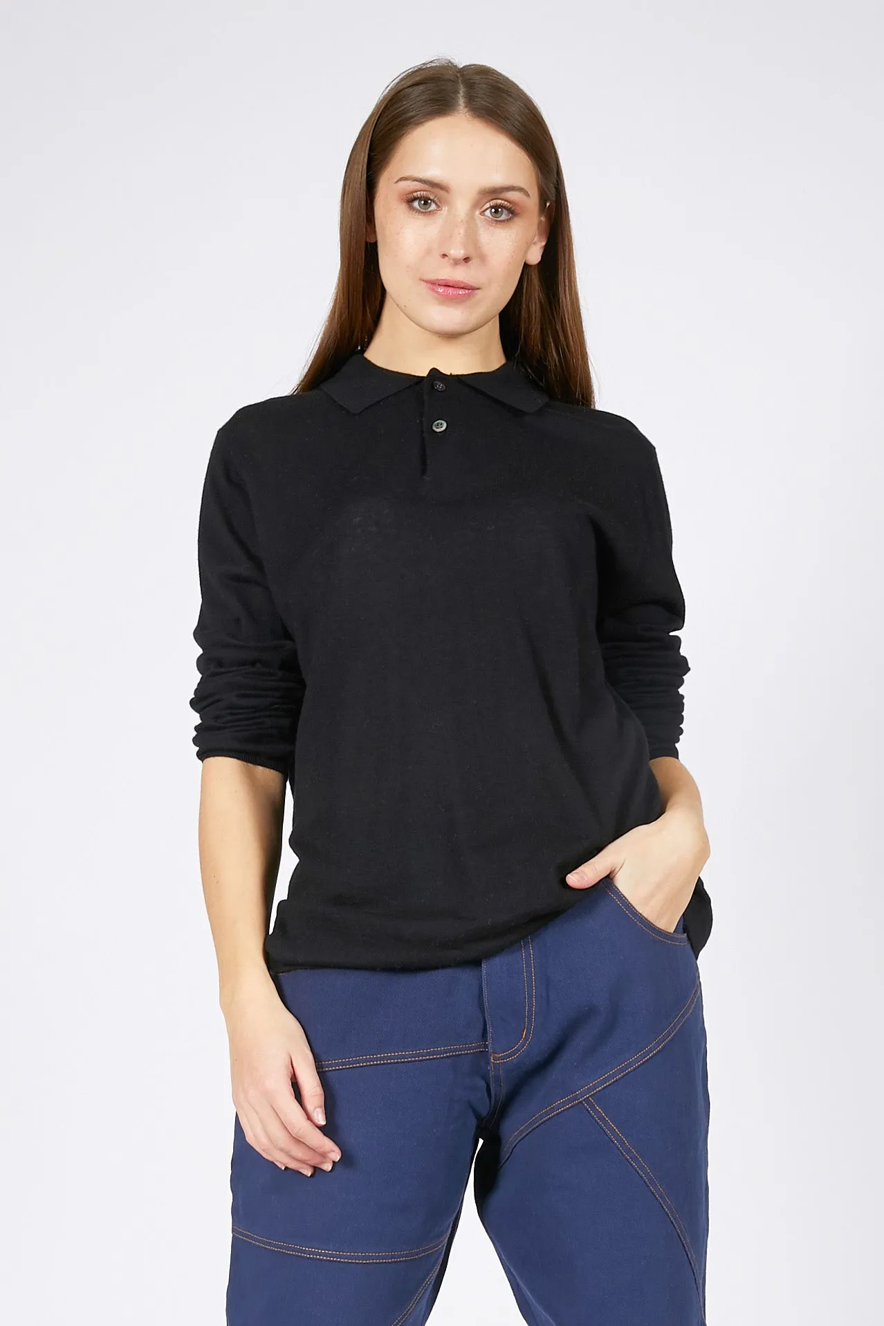 Unisex Black Cashmere Longsleeve Polo