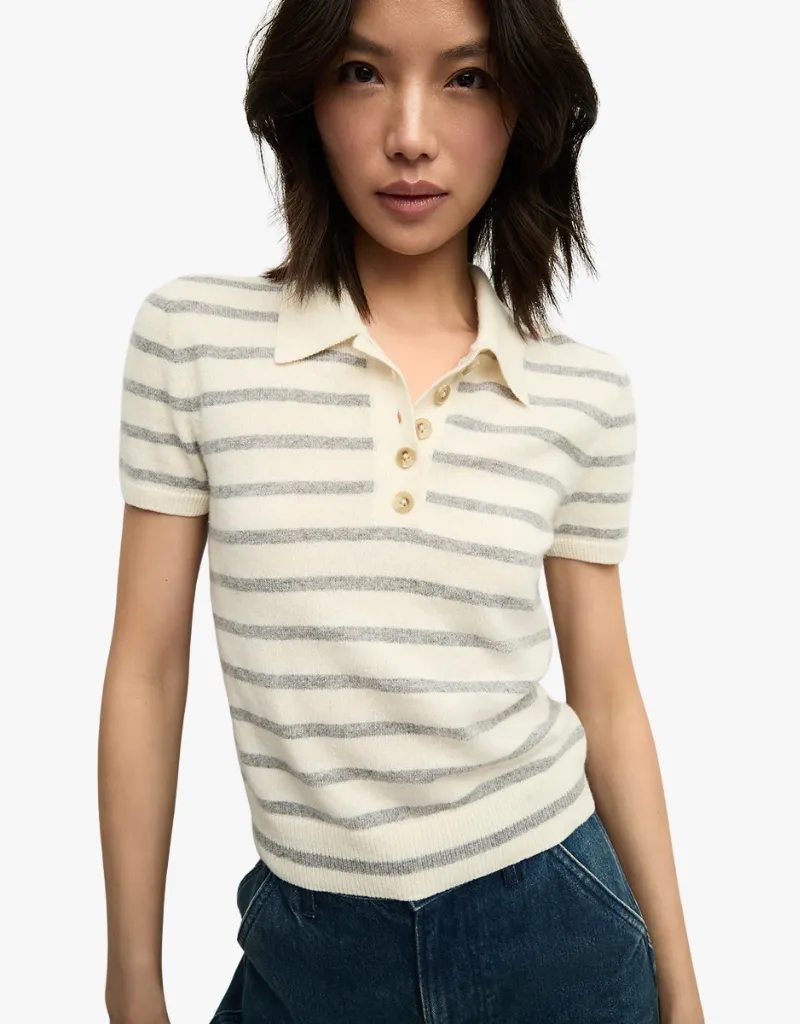 Veronica Beard Brandt Cashmere Polo In Ivory & Heather Grey