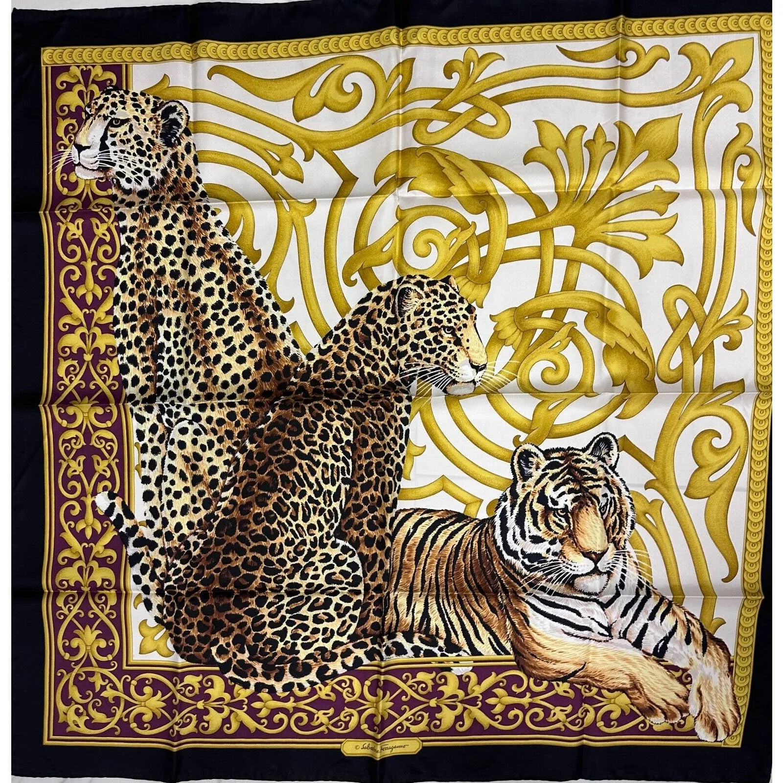 VTG NIB Salvatore Ferragamo Womens 100% Silk Square Scarf Tigers 34"