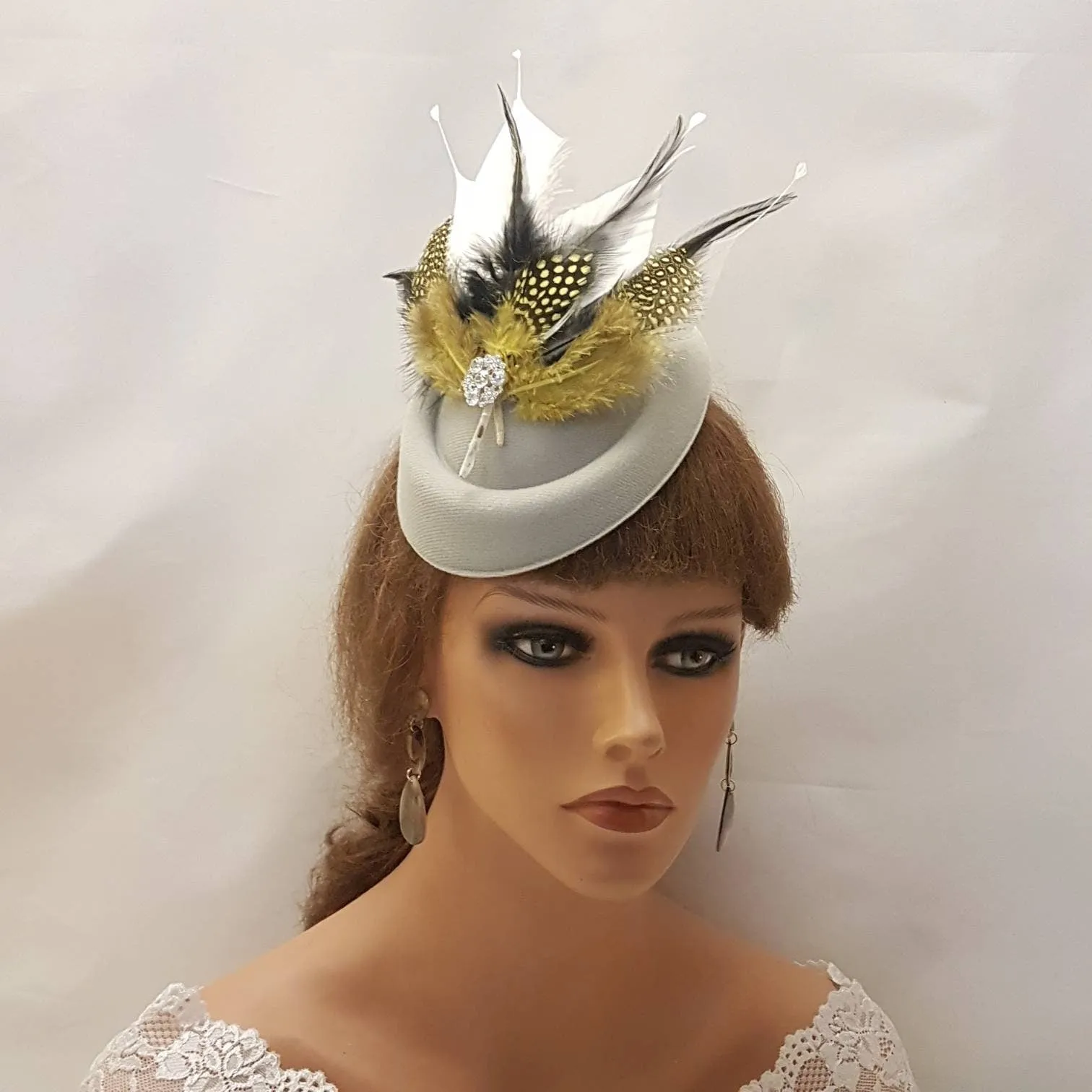WHITE Fascinator Hat with Mustard Gold Black & White feathers.  Ascot Wedding Race headpiece Hatinator for Women. Cocktail party Fascinator