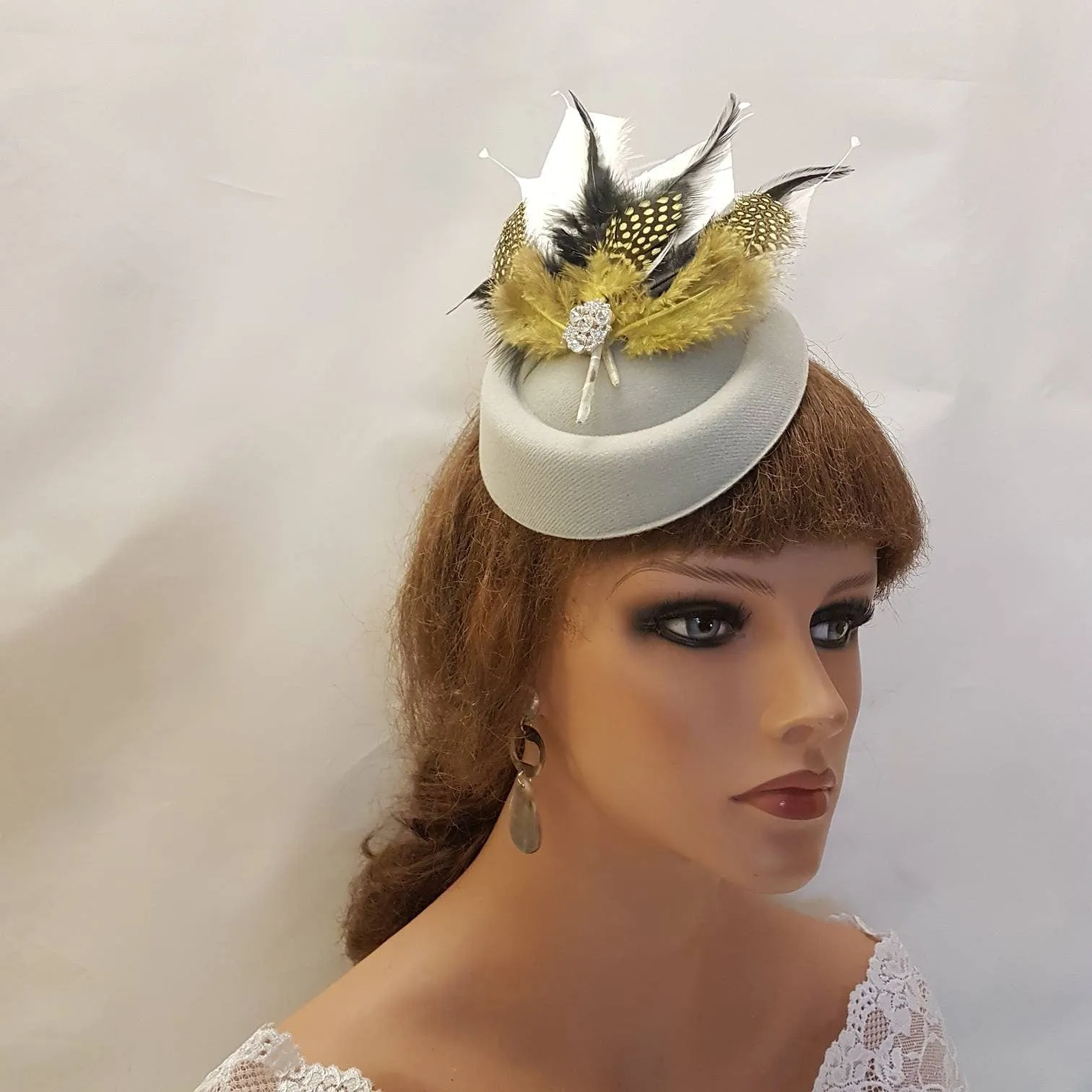 WHITE Fascinator Hat with Mustard Gold Black & White feathers.  Ascot Wedding Race headpiece Hatinator for Women. Cocktail party Fascinator