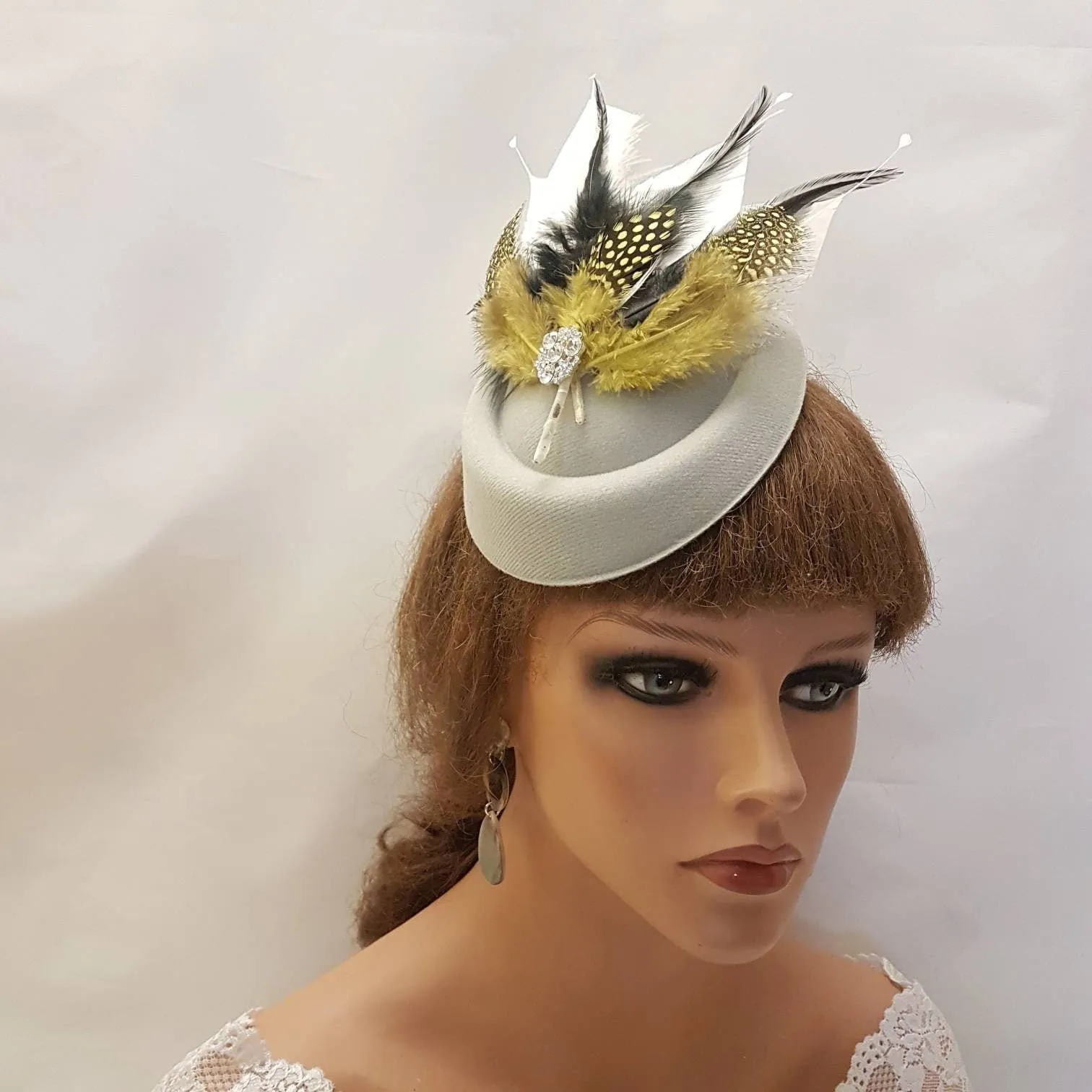 WHITE Fascinator Hat with Mustard Gold Black & White feathers.  Ascot Wedding Race headpiece Hatinator for Women. Cocktail party Fascinator