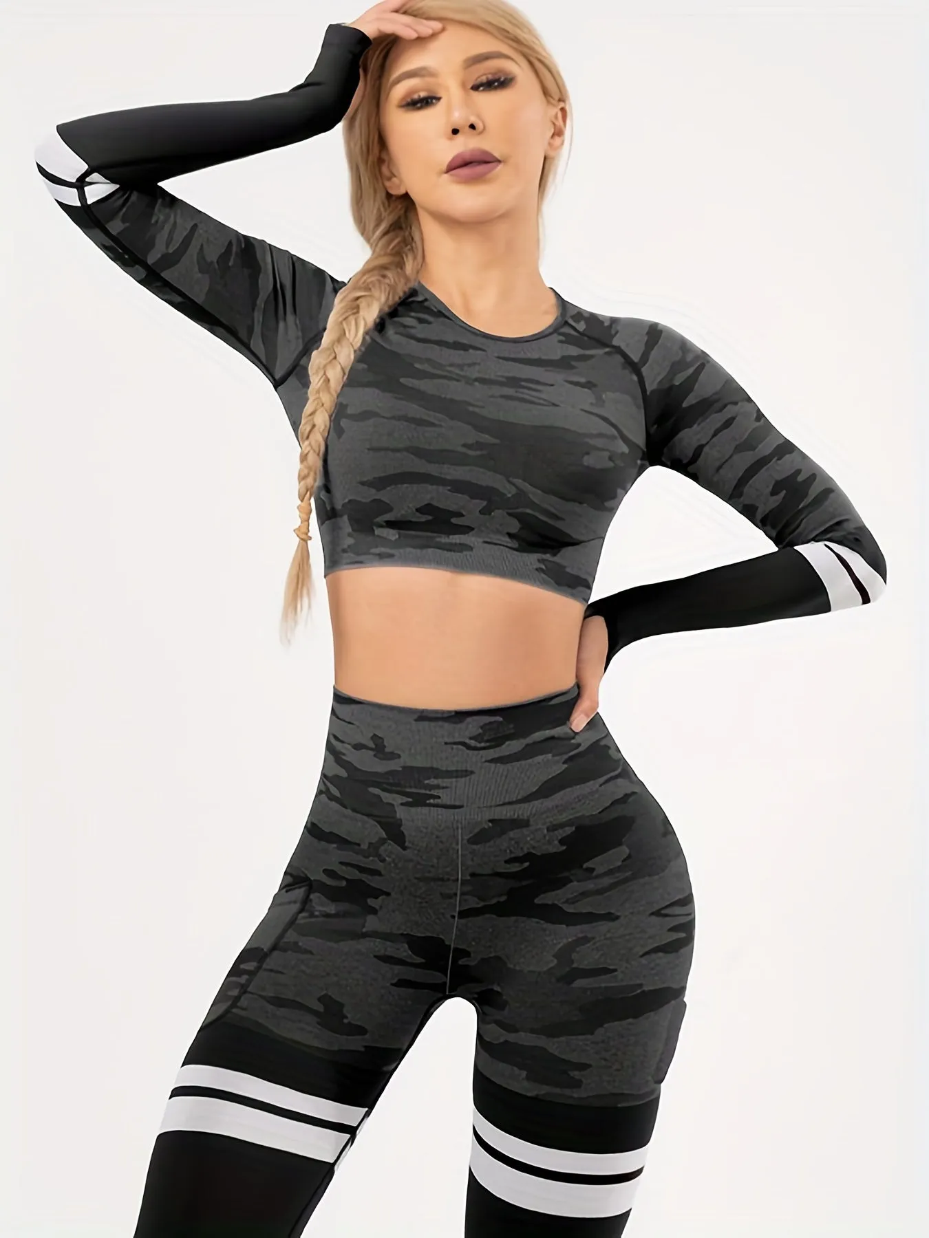 xieyinshe 2pcs Camouflage Pattern Yoga Sports Sets, Fashion Striped Detail Long Sleeve Crop Top & High Waist Workout Fitness Running Leggings Outfits, Women's Activewear