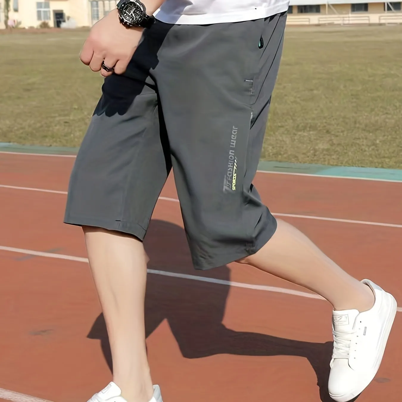 xieyinshe  Men's Breathable Capri Pants With Side Zipper Pockets, Summer Drawstring Elastic Waist Loose Fit Trousers For Running, Fitness, Training