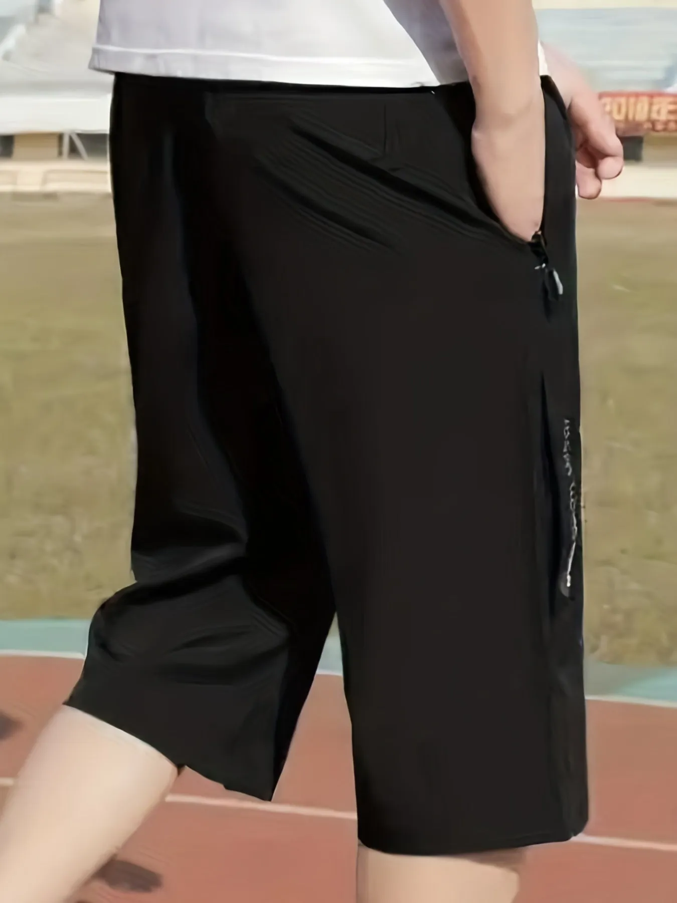 xieyinshe  Men's Breathable Capri Pants With Side Zipper Pockets, Summer Drawstring Elastic Waist Loose Fit Trousers For Running, Fitness, Training