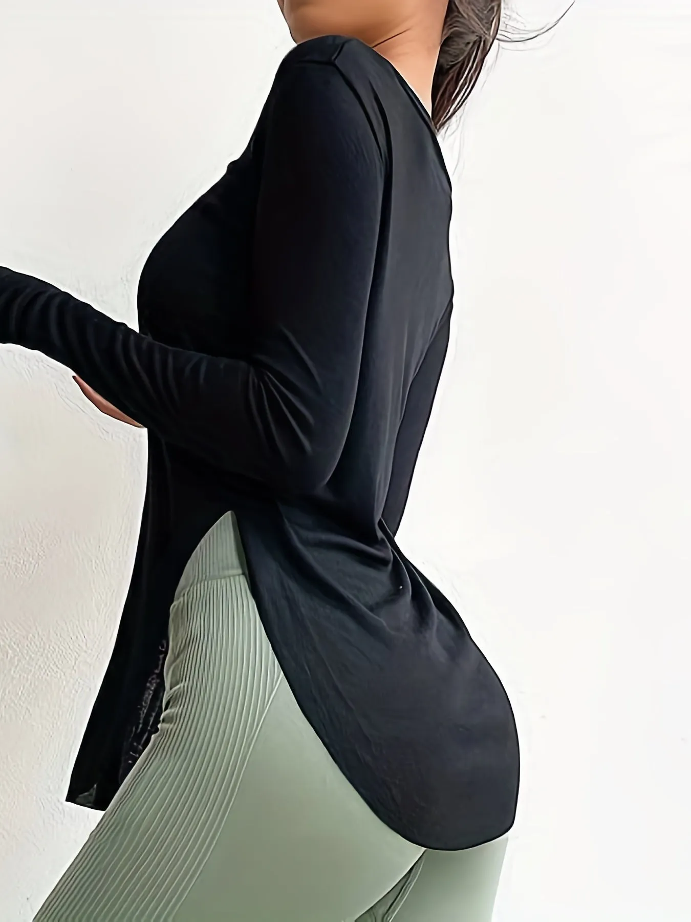 xieyinshe Solid Loose Casual Long-sleeved T-shirt, Sports Fitness Yoga Running Top, Women's Clothing
